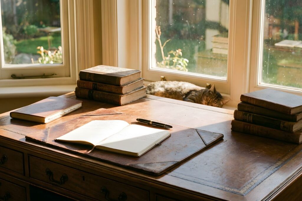 Kirjoituspöytä ikkunan ääressä, avoin muistikirja ja kirjoja, taustalla nukkuva kissa.