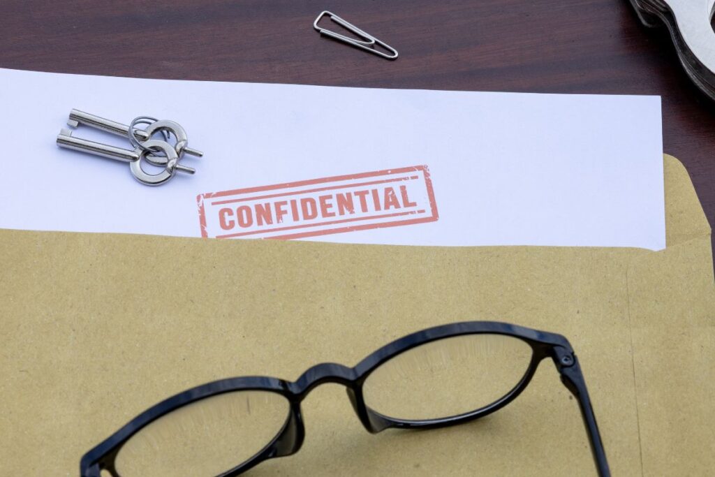  Kirjekuori ja paperi, jossa lukee “CONFIDENTIAL”, vieressä avaimet ja silmälasit. 