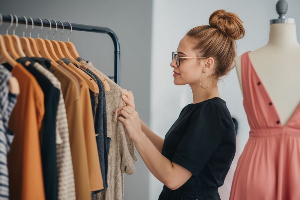 Nainen katselee vaaterekissä roikkuvia vaatteita. Hänen selkänsä takana on mallinukke, jolle on puettu mekko.