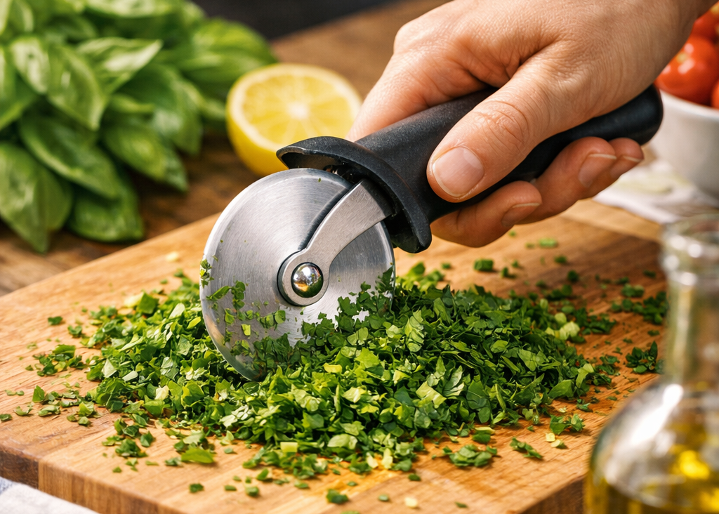 Pizzaleikkuri pilkkoo tuoreita yrttejä leikkuulaudalla keittiössä, ympärillä basilikaa, sitruuna ja oliiviöljypullo.